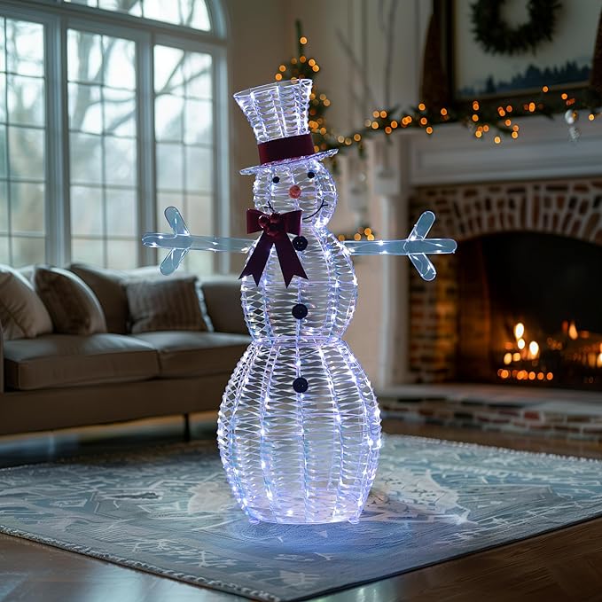 4.5FT Lighted Snowman for Christmas Decoration, 3D Pre-Lit Iridescent Snowman Xmas Decor with 100 LED Lights, Glittered Standing Holiday Display for Outdoor, Indoor-CasaMuseHome