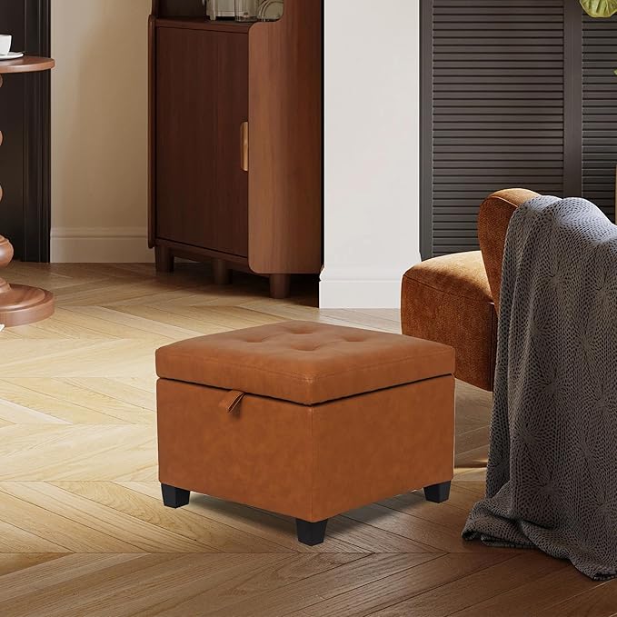 Adeco 17.5" Faux Leather Storage Ottoman with Hinged Lid, 14 Inch High Square Cube Foot Stool with Storage, Upholstered Vanity Stool with Solid Wood Legs for Living Room, Bedroom, Dorm (Warm Orange)-CasaMuseHome
