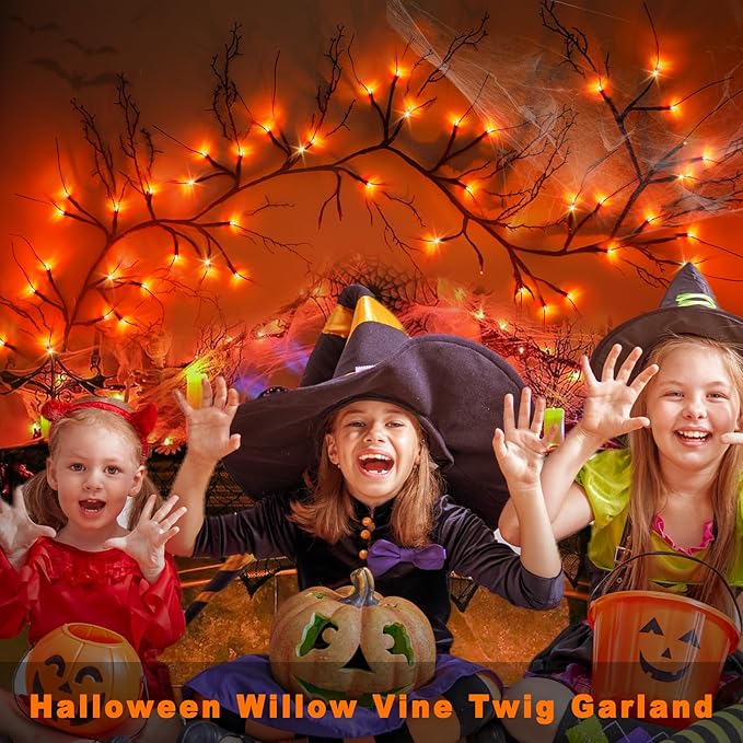9 FT 72LED Halloween Willow Vine Twig Decor Branches Garland with Lights - 8 Modes Timer - Waterproof Battery Operated for Indoor Wall Fireplace Halloween Decorations-CasaMuseHome