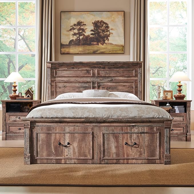 26" Tall Farmhouse Nightstand Set of 2, 2 Drawers End Table w/Charging Station, 23.6" Wide Large Side Table w/Roman Column, Wood Rustic Sofa Table w/Open Shelf, Bedside Table for Bedroom, Light Brown-CasaMuseHome