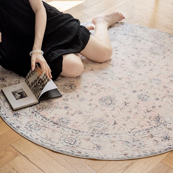 4'x4' Vintage Floral Rug - Persian Inspired Low-Pile Faux Wool Area Rug, Non-Slip Washable Round Rug for Bedroom, Nursery, Dorm, Soft Pink Boho Chic Decor-CasaMuseHome
