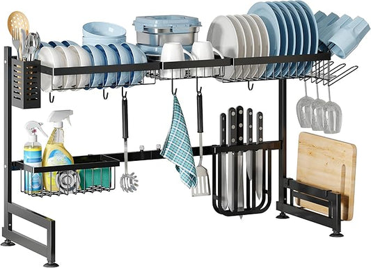 2 Tier Extra Large Stainless Steel Expandable Over The Sink Dish Drainer Drying Rack, Rust Proof Metal, Space Saving, Modern Black Big Capacity Extendable Plate Strainers Above Kitchen Counter-CasaMuseHome