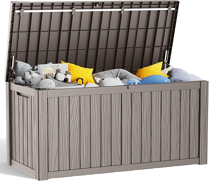 150 Gallon Resin Deck Box, Lockable Patio Outdoor Storage Box for Furniture, Garden Tools and Tools Storage, Waterproof Outside Storage Boxes - Grey-CasaMuseHome