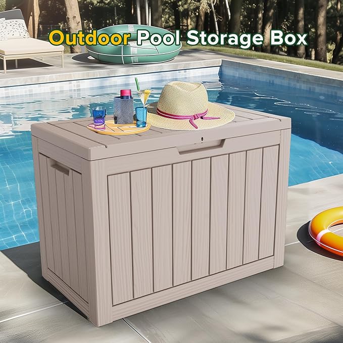 45 Gallon Outdoor Storage Box Waterproof Lockable Resin Deck Box Large, Patio Storage Bin for Pool Accessories Cushion Furniture, Garden Tools, UV-Resistant Outside Delivery Light Coffee-CasaMuseHome