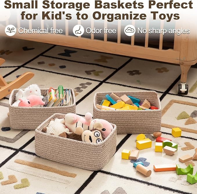 3 Pack Small Storage Baskets for Organizing, Cute Woven Decorative Gift Baskets for Shelves, Mini Closet Organizer Bins with Handles, 11.81''Lx7.87''Wx4.72''H-Brown-CasaMuseHome