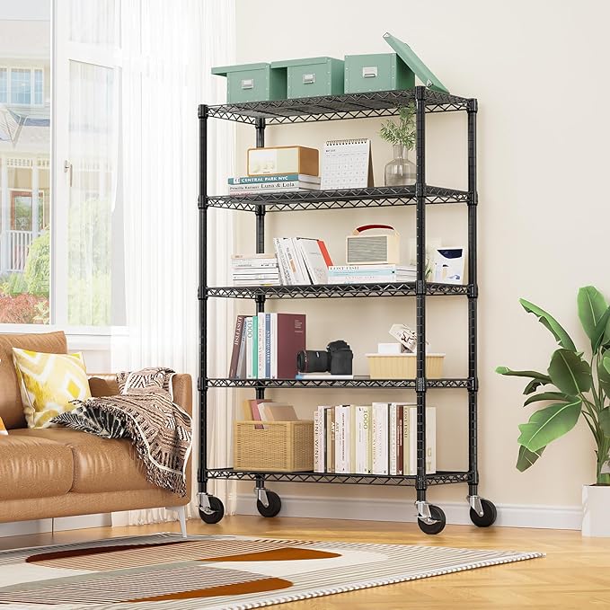 5-Shelf Storage Shelves,Wire Shelving Heavy Duty Metal Storage Shelving Unit Adjustable Garage Shelving Rack Pantry Kitchen (Black, 5 Tier,17.7" D x 47.2" W x 76.7" H)-CasaMuseHome