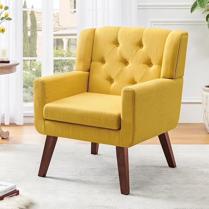 Accent Chair Button-Tufted Upholstered Living Room Chairs Comfy Reading Chair Mid Century Modern Chair with Linen Fabric Lounge Arm Chairs for Living Room Bedroom (Bright Yellow)-CasaMuseHome