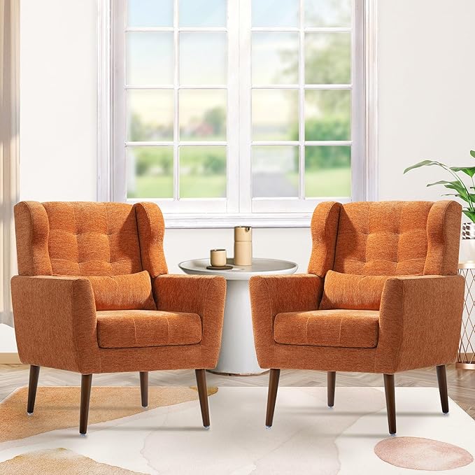 Accent Chair Set of 2, Upholstered Armchair with Pillow, Fabric Single Sofa Chair with Lounge Seat and Wood Legs Accent Chair for Living Room Small Spaces (Orange, Set of 2)-CasaMuseHome