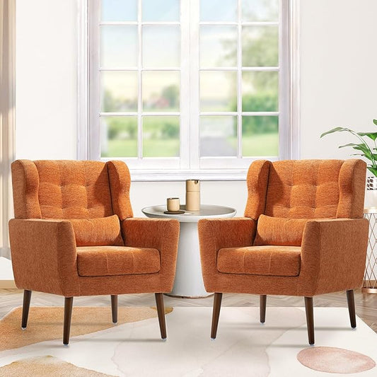 Accent Chair Set of 2, Upholstered Armchair with Pillow, Fabric Single Sofa Chair with Lounge Seat and Wood Legs Accent Chair for Living Room Small Spaces (Orange, Set of 2)-CasaMuseHome