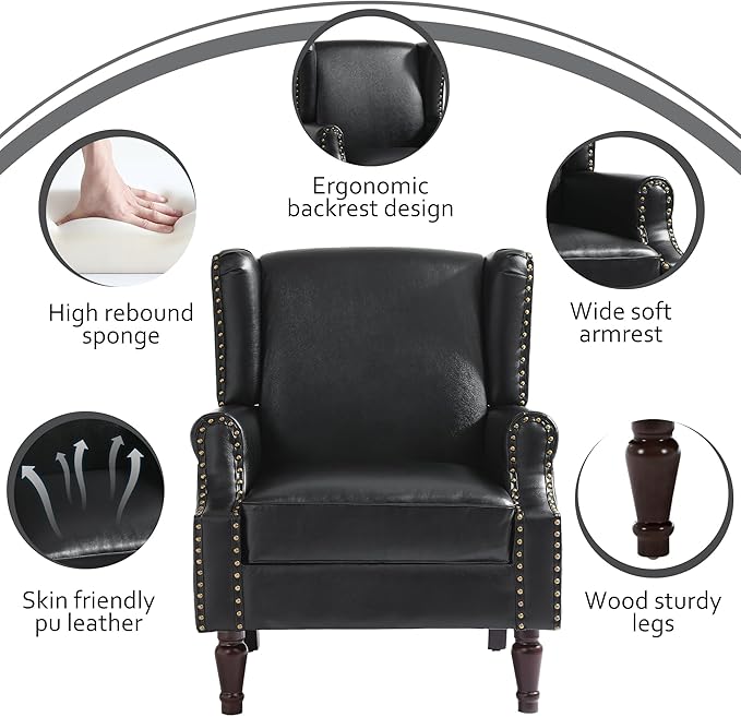 Accent Chairs, Faux Leather High Back Armchair Set of 2 or Living Room, Comfy Upholstered Single Sofa Reading Chairs with Solid Wood Legs for Office, Bedroom, Waiting Room-Black-CasaMuseHome