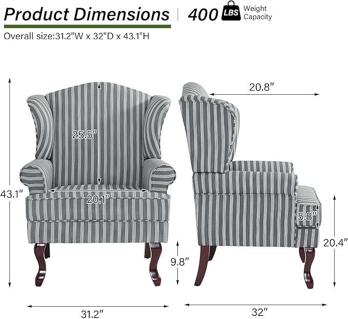 Accent Chair, High Back Upholstered Armchair with High Resilience Sponge & Wood Legs, Mid-Century Modern Comfy Single Sofa Reading Chairs for Living Room, Bedroom (Stripe Grey, Set of 1)-CasaMuseHome