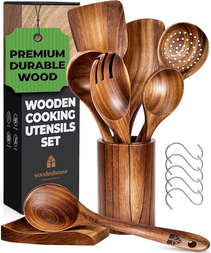 8 Pcs Teak Wooden Utensil Set with Holder, Spoon Rest & 6 Hooks - Durable Wooden Spoons for Cooking with Comfort Grip - Effortless Clean, Non-Stick Friendly-CasaMuseHome