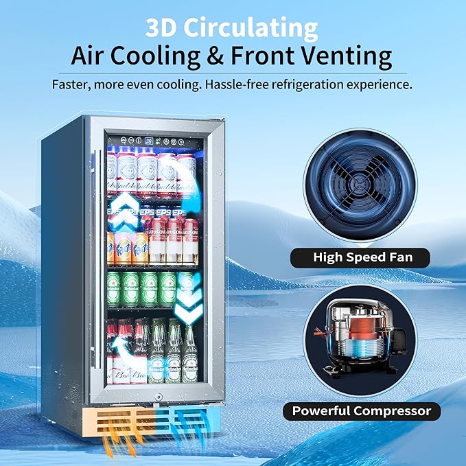 15 Inch Beverage Refrigerator Under Counter - 126 Cans Beverage Fridge with Glass Door for Beer Wine Soda - Built-in or Freestanding Wine Cooler with Safety Lock for Home Kitchen Bar-CasaMuseHome