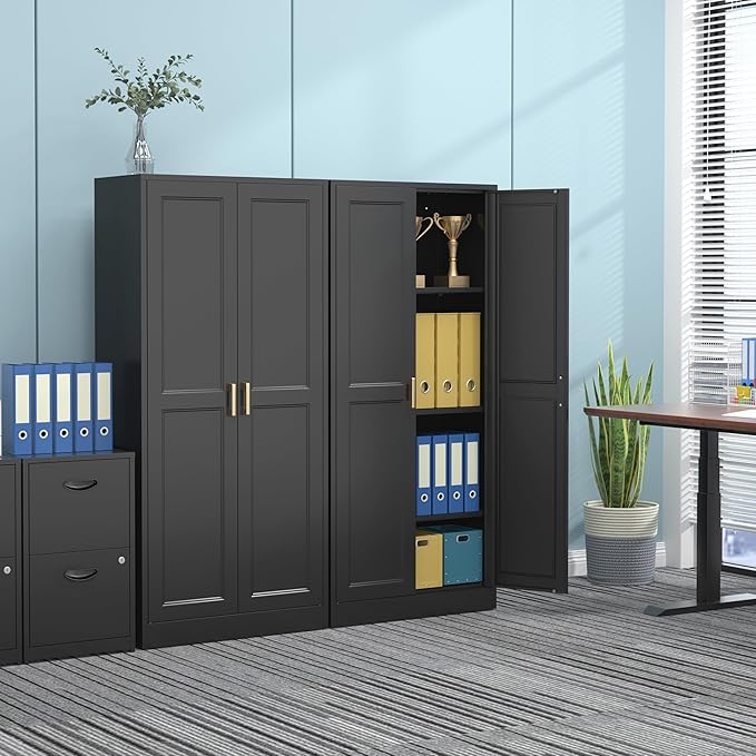 60" Tall Metal Pantry Cabinet, Black Kitchen Pantry Storage Cabinet with Doors and 3 Adjustable Shelves, Cupboard for Kitchen, Dining Room, Living Room, Bathroom-CasaMuseHome