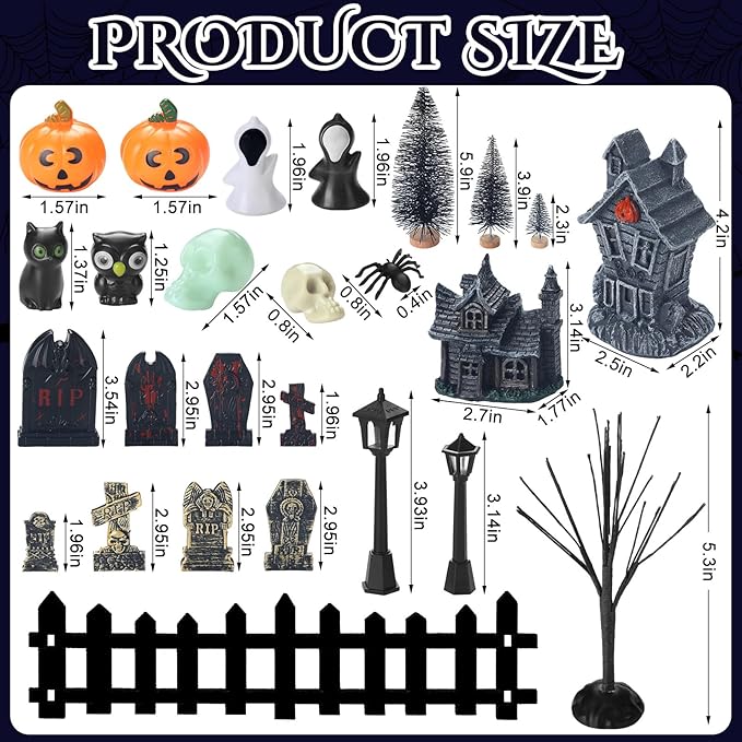 56 Pcs Halloween Village Accessories Set Halloween Haunted House Village Set Miniature Tombstones Tree Fake Spiders Fence Streetlamp Figurines for Home Table Party Decor-CasaMuseHome