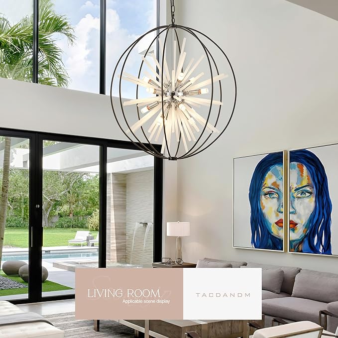 31.5" Black Chrome 16-Light Globe Sputnik Chandelier Modern Adjustable Hanging Ceiling Glass Tube Pendant Light Fixture for Entryway Foyer Stairway Dining Living Room Hallway-CasaMuseHome