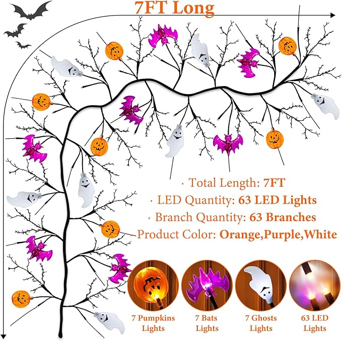 7 Ft 63 LED Halloween Willow Vine Twig Garland with 8 Modes Timer Orange Purple White Lights,7 Pumpkin Bat Ghost, Garland with Battery Operated for Wall Fireplace Halloween Decorations-CasaMuseHome