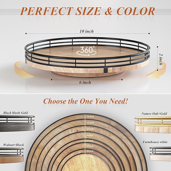 10" Lazy Susan Oak Wood Turntable Organizer for Cabinet, Round Wooden Farmhouse Lazy Susan Organization and Storage for Dining Table, Pantry, Kitchen, Countertop, Cupboard,Home Decor-CasaMuseHome