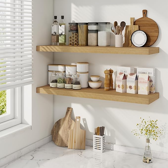 36 Inch Floating Shelves, 9.3 Inch Deep Rustic Wall Shelves - Extra Deeper Wall Mounted Storage Shelves for Bathroom, Kitchen, Living Room (Oak, Set of 2)-CasaMuseHome