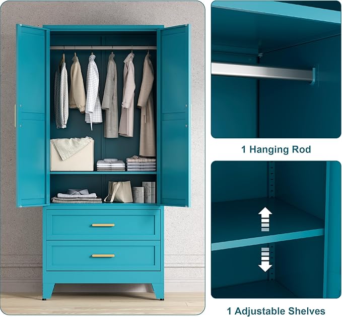 71'' Farmhouse Metal Wardrobe Cabinet with Hanging Rod, 2 Barn Door Wardrobe Closet with Adjustable Shelves,2 Drawer,for Dining Room,Bedroom,Living Room, Cloak Room,Office (Peacock Blue)-CasaMuseHome