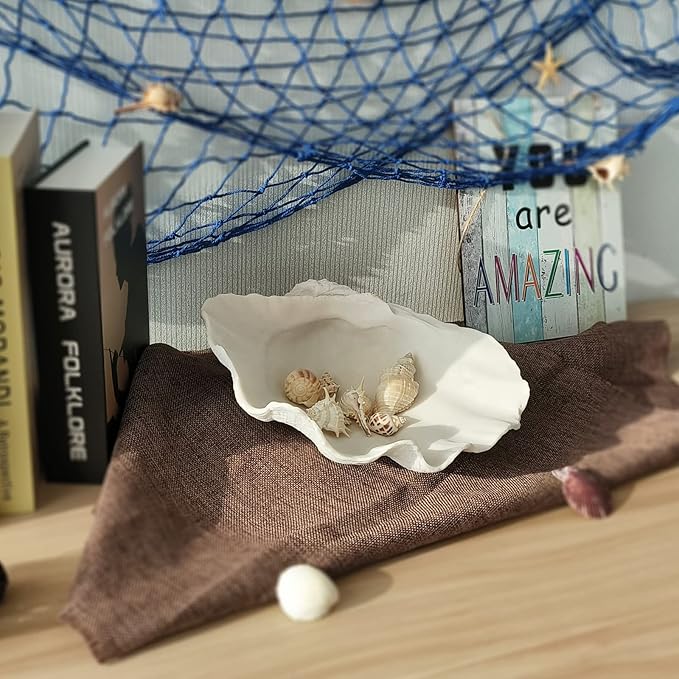 Accessoryway Large White Sea Shells Decorative Bowl Resin Clam Shell Bowl Beach Decorations for Home Coastal Beach Decor Decoration Storage Bowls & Home Office Nautical Themed Party Decor -10.2"-1PC-CasaMuseHome