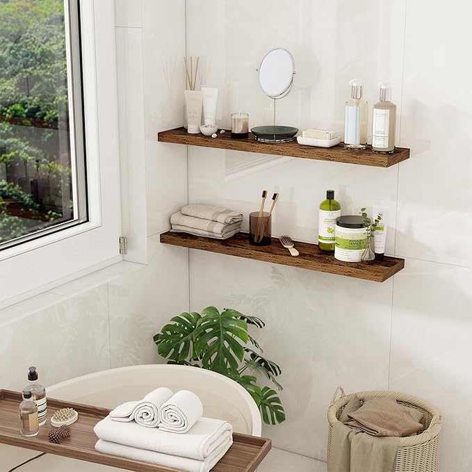 32Inch Floating Shelves for Wall 2 Pack Wood Shelves for Kitchen, Bathroom, Bedroom Wall Mounted Rustic Wood Floating Shelf with Invisible Brackets for Books, Storage, Decor, Rustic Brown-CasaMuseHome