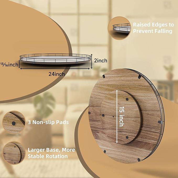 Acacia Wood 24" Lazy Susan Turntable Organizer for Table Top, Farmhouse Extra Large Round Lazy Susan for Serving Kitchen Countertop Cabinet for Charcuterie Centerpiece, Bathroom Vanity Tray Decor-CasaMuseHome