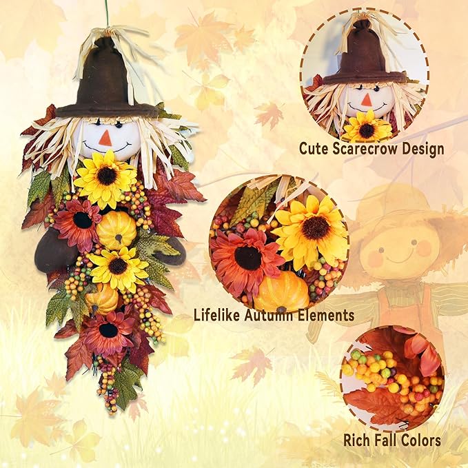24" Rustic Fall Scarecrow Teardrop Swag – Farmhouse Sunflower & Pumpkin Wreath – Autumn Harvest Hanging Decor for Front Door, Wall, Porch, Indoor/Outdoor-CasaMuseHome