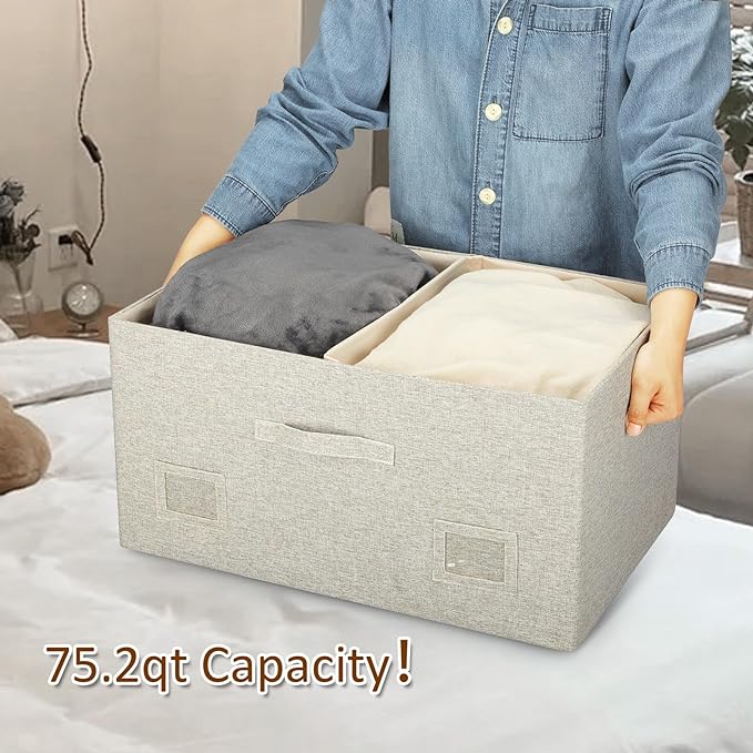 75 Quart Extra Large Decorative Collapsible Storage Bins with Lids, 1 Pack Beige Stackable Boxes-CasaMuseHome