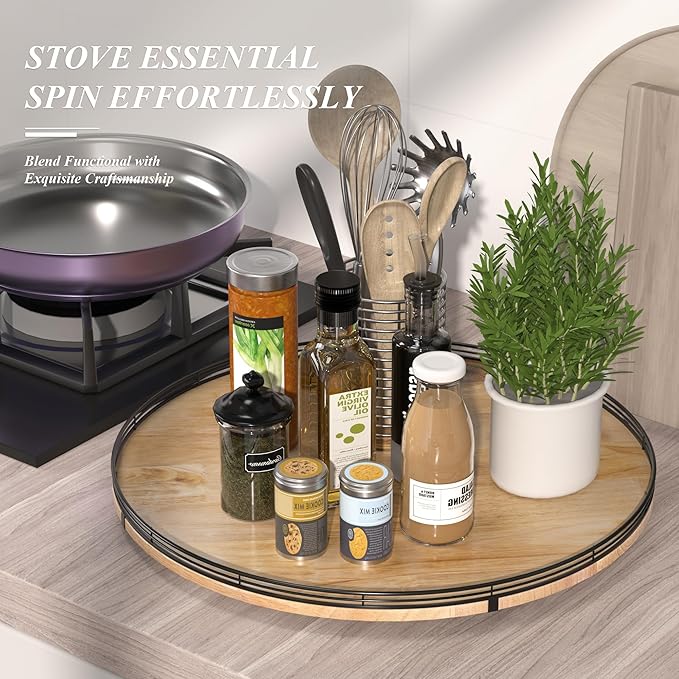 24" Lazy Susan Oak Wood Turntable Organizer for Cabinet, Farmhouse Round Wooden Large Lazy Susan Organization and Storage for Dining Table, Pantry, Kitchen, Countertop, Cupboard, Home Decor-CasaMuseHome