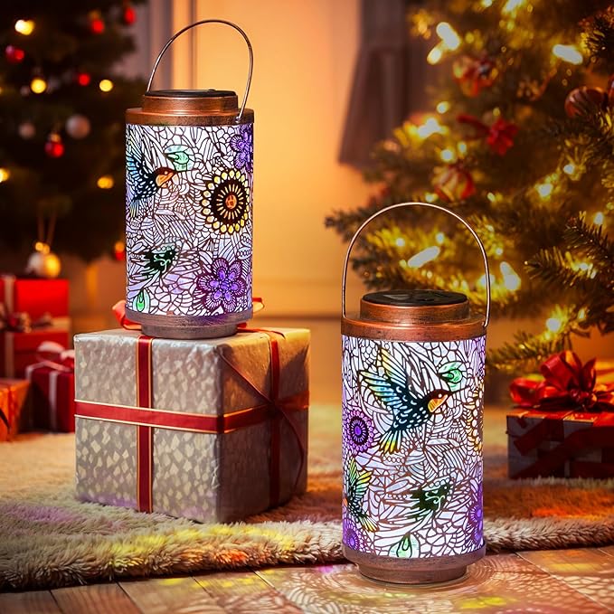 2Pack Solar Lanterns Outdoor Waterproof Hummingbird Colorful Garden Gifts for Mom, Multicolor Solar Lights Lantern for Backyard Garden, Pathway, Outside, Mothers' Day Gifts for Grandma Women-CasaMuseHome