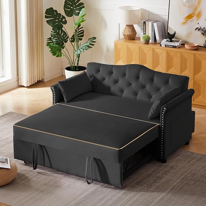 58" Velvet Sofa Bed, 3-in-1 Convertible Pull-Out Sleeper Sofa & Couch with Storage Bag and Adjustable Backrest,Perfect for Small Spaces, Living Room, or Office-CasaMuseHome