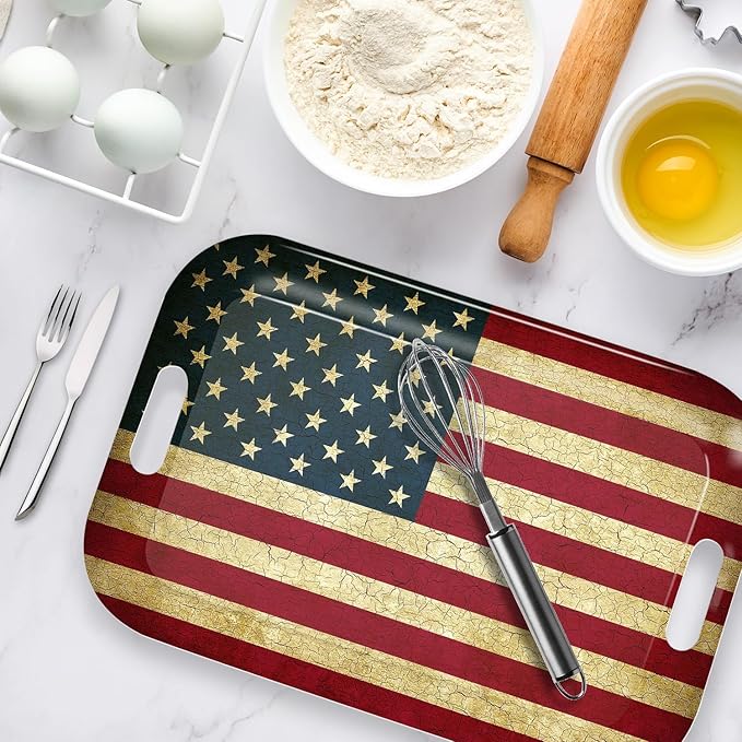 Serving Trays with Handles, 14.5 x 9.8 inch Rectangular Plastic Tray for Restaurant, Kitchen, Vintage United States of America Flag-CasaMuseHome