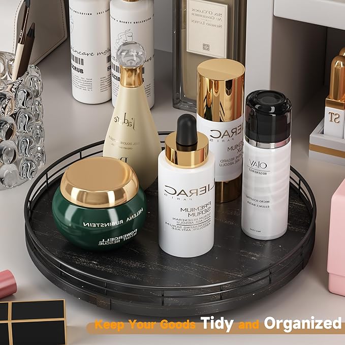 12" Oak Bathroom Vanity Tray Turntable for Perfume Candle, Round Wooden Decorative Tray for Kitchen Sink Countertop Organizer, Bathroom Counter Organizer for Skincare Makeup, Farmhouse Black Gold-CasaMuseHome