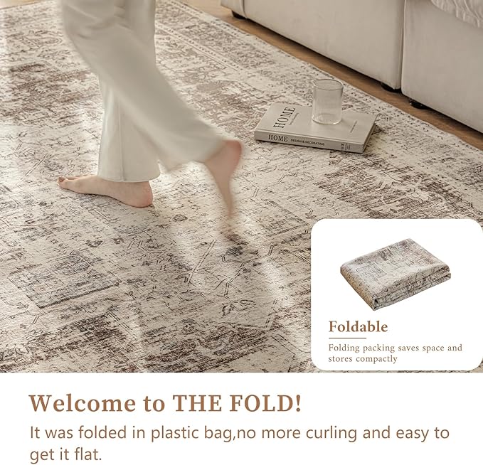 6'x9' Area Rug - Vintage Persian Medallion Design Low-Pile Faux Wool Rug, Non-Slip Backing, Machine Washable, for Living Room, Dining Room, Bedroom (Cream/Taupe)-CasaMuseHome