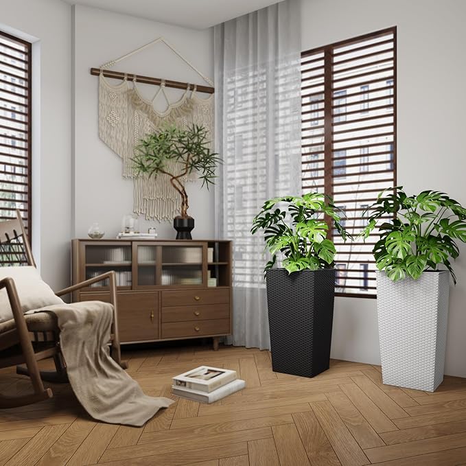 2Pcs 23in High Large Plant Pots Planter-Self-Watering,Modern Planter with Drain Holes,Water Level Monitor,Inner Bucket for Indoor/Outdoor Front Porch Patio,White Rattan-CasaMuseHome