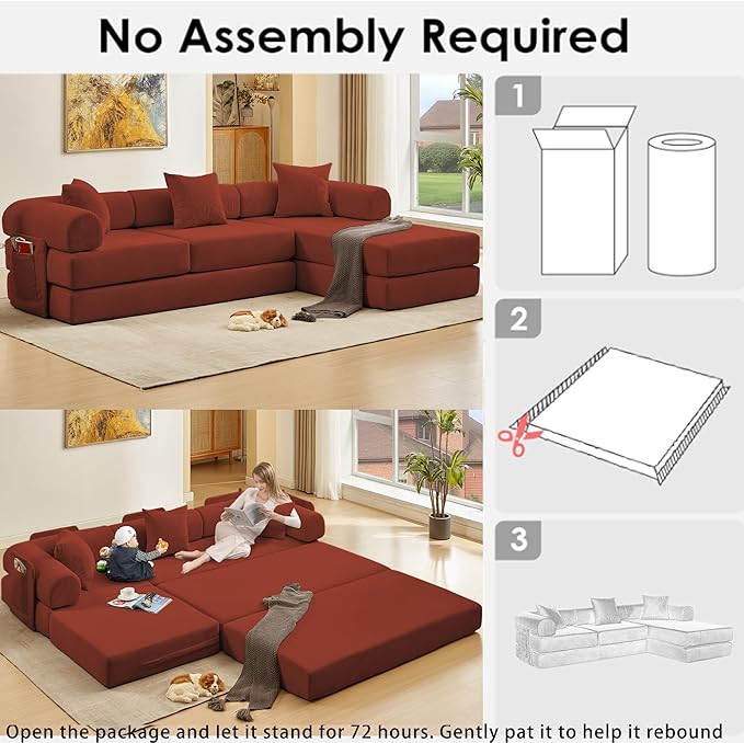 107" Oversized Convertible Sleeper Sofa Bed, Corduroy L Shape Sectional Couch, Folding Sofa Bed with Side Pocket, Modern Cloud Floor Mattress Couch, Modular Sofa for Living Room, Red-CasaMuseHome