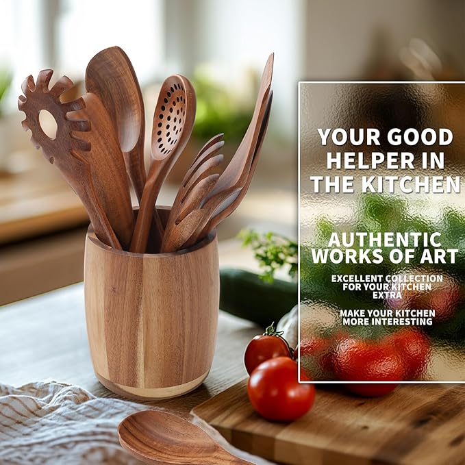 9 PCS Kitchen Utensils Set - Wooden Spoons for Cooking, Natural Teak Wooden Utensils - Includes Wooden Spoons, Spatula Set, Slotted Spoon - Handmade Wooden Spoon Set-CasaMuseHome