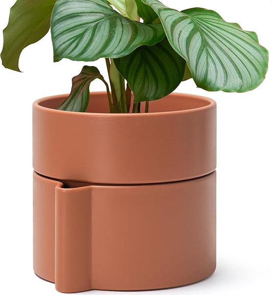 8 Inch Self-Watering Planter Pot with Terracotta Insert, Deep Water Reservoir, and Ceramic-Alike BPA-Free Plastic Planter Pot for Plant, Modern Planter for Houseplants, Terracotta, 53-A-T-3-CasaMuseHome