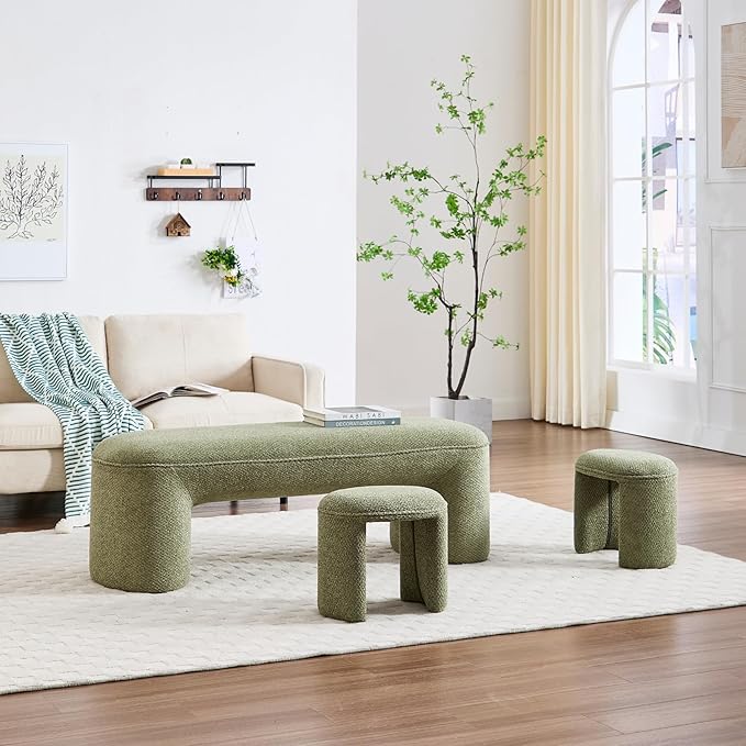 3-Piece 53" Comfy Upholstered Dining Bench with 2 Ottomans, Accent Waterfall Bench Modern End of Bed Entryway Bench Vanity Stool, Green Chenille-CasaMuseHome