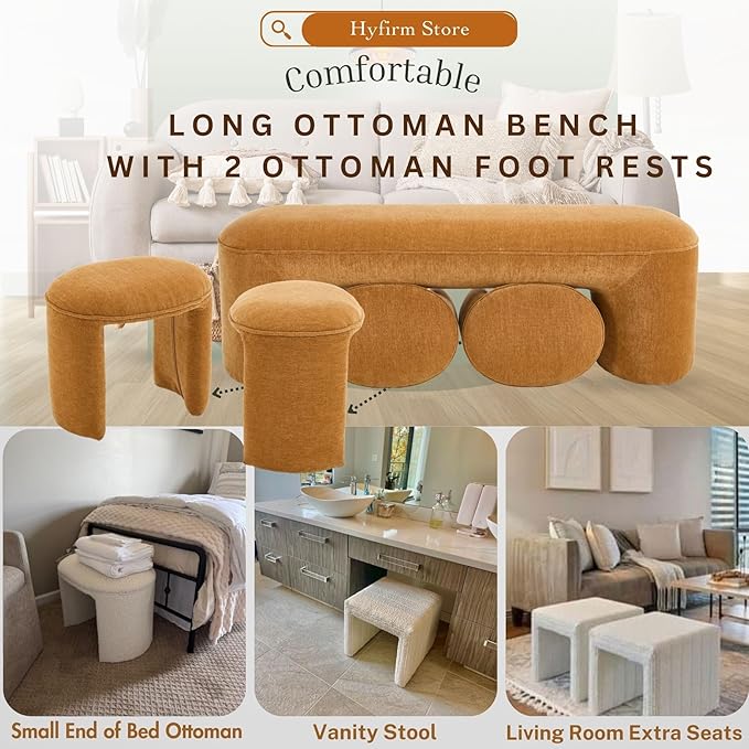 3-Piece 53" Comfy Upholstered Dining Bench with 2 Ottomans, Accent Waterfall Bench Modern End of Bed Entryway Bench Vanity Stool，Pumpkin Chenille-CasaMuseHome