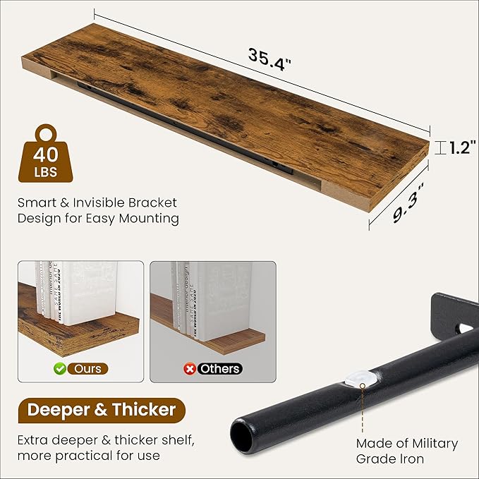 36 Inch Floating Shelves, 9.3 Inch Deep Rustic Wall Shelves - Extra Deeper Wall Mounted Storage Shelves for Bathroom, Kitchen, Living Room (Brown, Set of 2)-CasaMuseHome