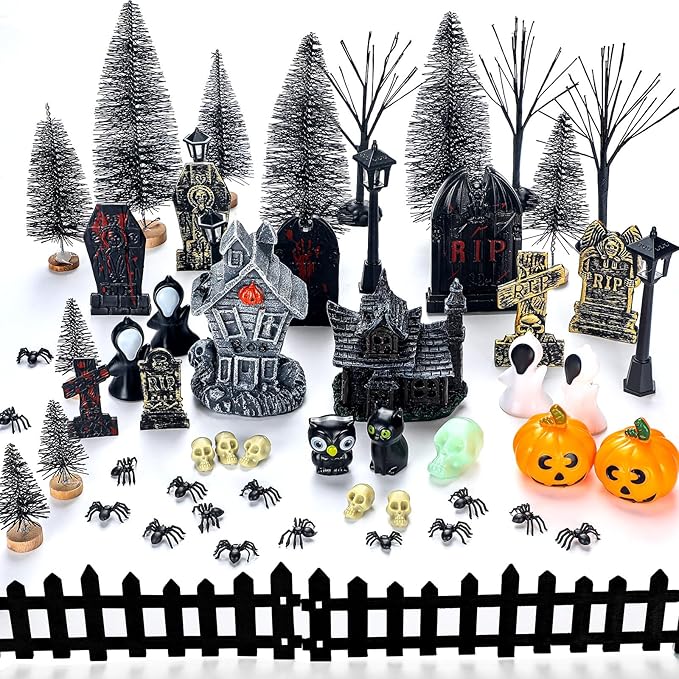 56 Pcs Halloween Village Accessories Set Halloween Haunted House Village Set Miniature Tombstones Tree Fake Spiders Fence Streetlamp Figurines for Home Table Party Decor-CasaMuseHome