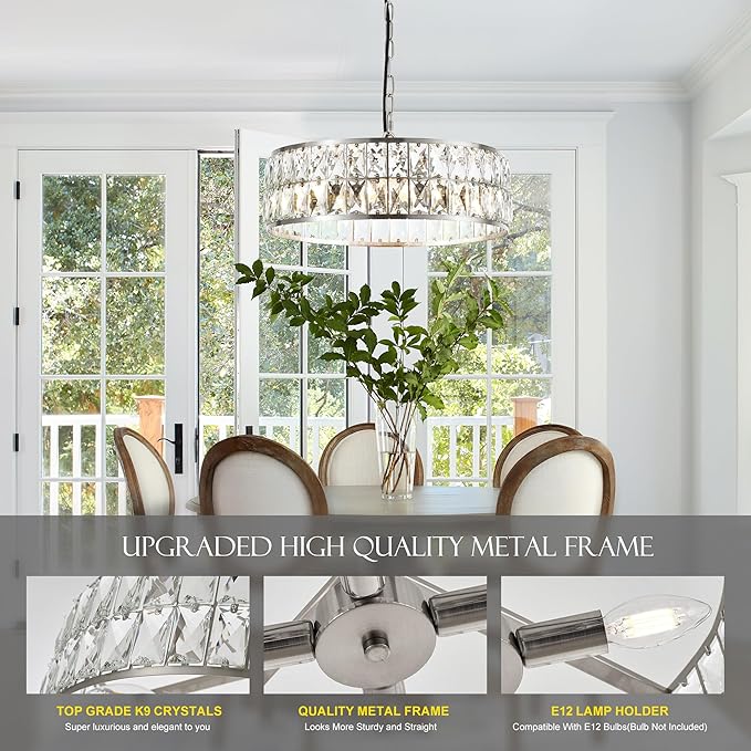 16” 4-Light Modern Crystal Chandeliers Nickel Dinning Room Light Fixture, Round Pendant Light Kitchen Island Chandelier, Flush Mount Ceiling Light for Living Room Entryway Bedroom Foyer-CasaMuseHome