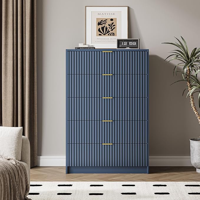5 Drawer Dresser for Bedroom, Tall Dresser Chest of Drawers with Gold Handles, 32 Inch Wide Nightstand with for Bedroom, Living Rooms, Offices, and Entryways, Navy Blue-CasaMuseHome