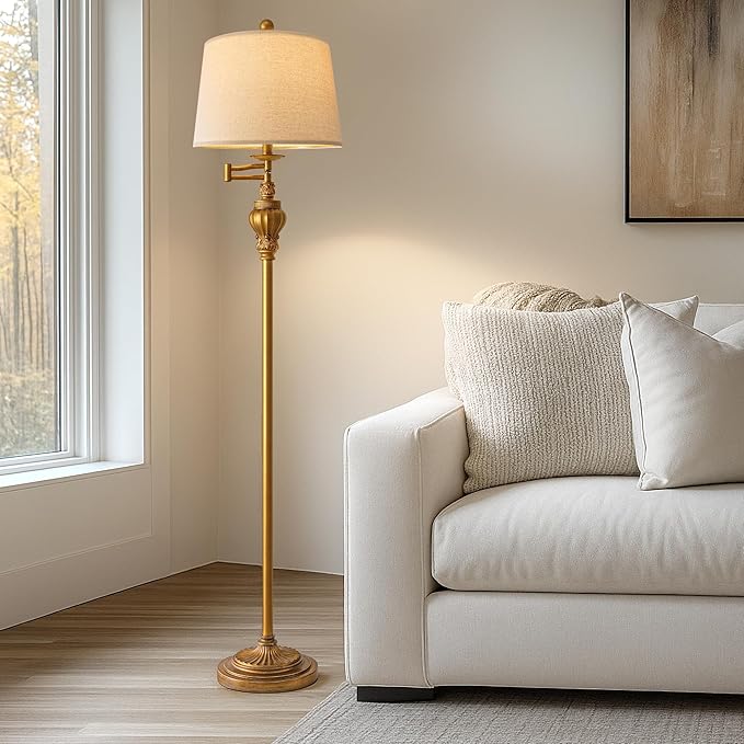 61" Vintage Floor Lamp with 350° Adjustable Swing Arm, Gold Standing Lamp for Bedroom Living Room Nightstand Bedside Retro Farmhouse Mid Century Lamp Light Home Décor Office Gifts-CasaMuseHome