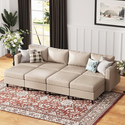 118.5" Luxury Modular Sleeper Sofa Bed with Storage Seat, 8 Seat Sectional Couch Deep Seat with Reversible Chaises & Removable Cover - Whitesand Faux Leather-CasaMuseHome