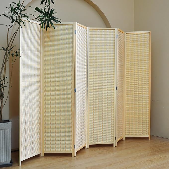 6 Panel Folding Room Divider Screen, Bamboo, for Separation, Beige, 67" H x 92.1" W-CasaMuseHome