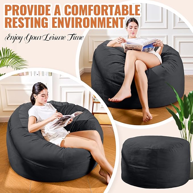 4FT Bean Bag Chair: Bean Bag with Velvet Cover, Fluffy and Comfy Bean Bag Chairs for Adults and Kids, Bean Bag Sofa Filled with High-Density Sponge for Gaming (Black)-CasaMuseHome