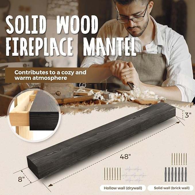 48x8x3 Fireplace Mantel - Handcrafted Hollow Rustic Solid Wood Wall Mounted Floating Shelf with Invisible Heavy Duty Wood Bracket (Weathered Black)-CasaMuseHome